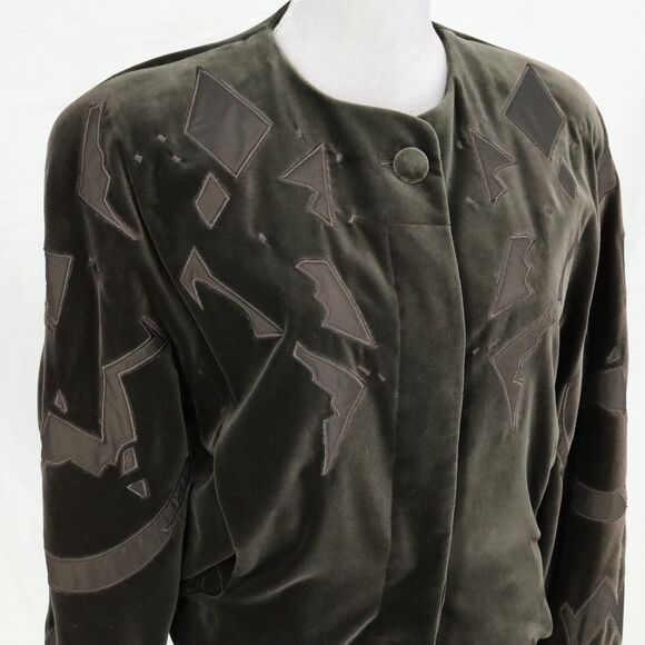 Laurel Escada Jacket Womens 6 Green Velour Lined Applique Shoulder Pads Vintage - Picture 6 of 16